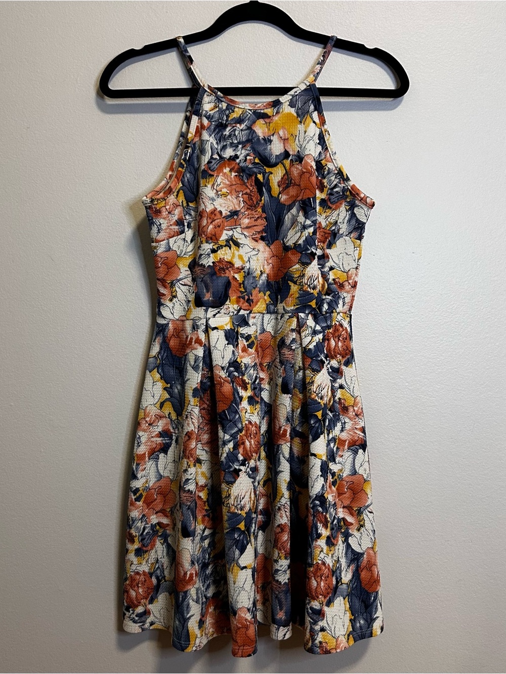 Soprano Floral Halter Mini Dress in Navy, Rust & Cream